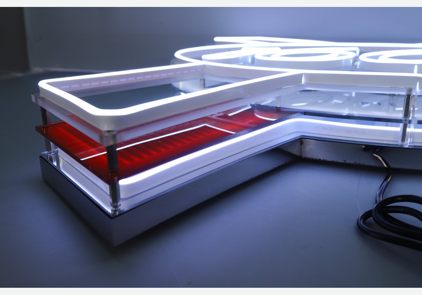 Close detail of layered custom light box construction