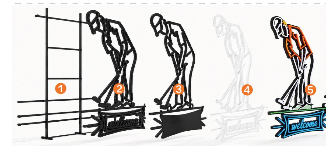 Exploded construction illustration for a metal-frame neon sign