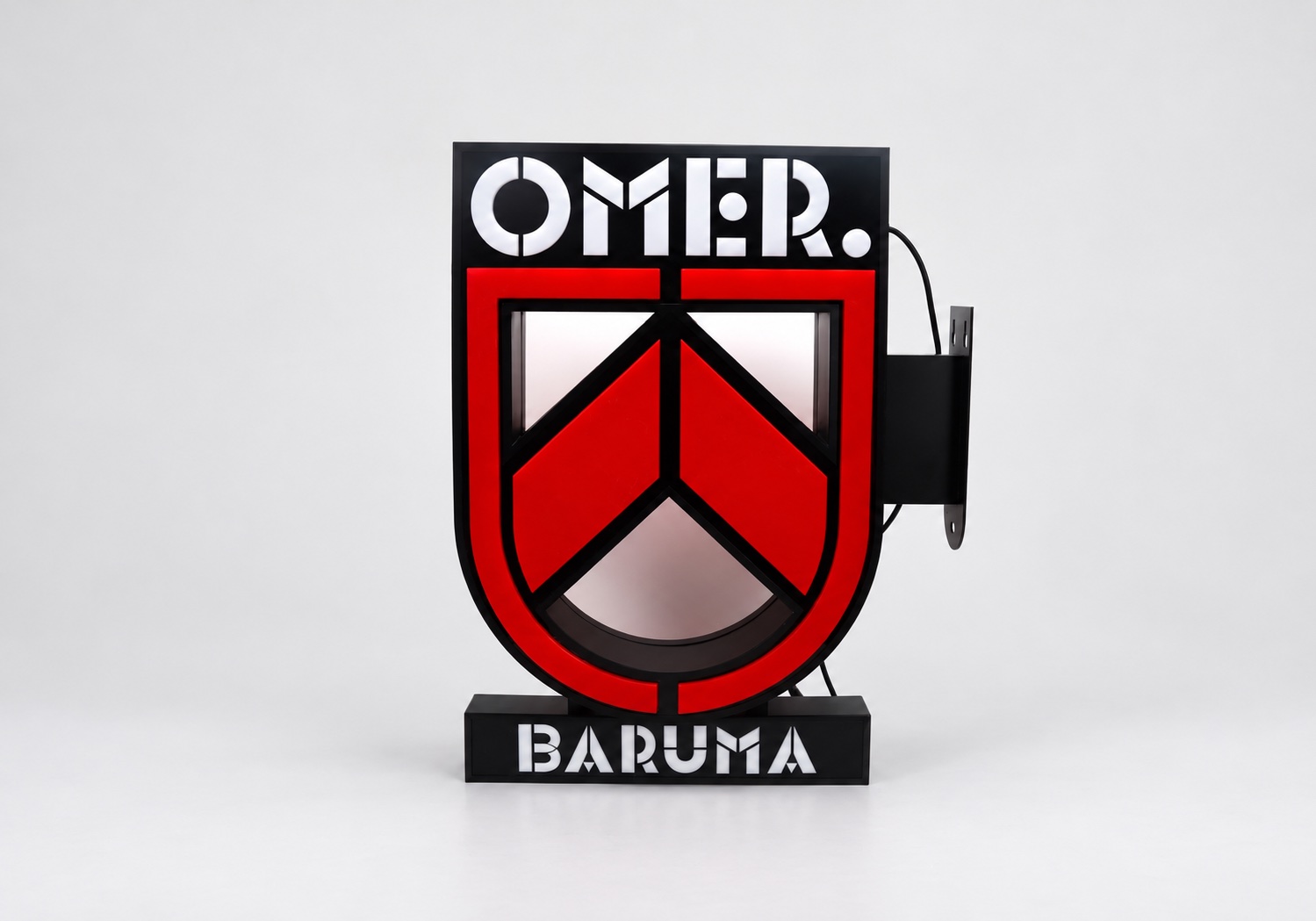 OMER shield-shaped light box with side bracket and lower wordmark
